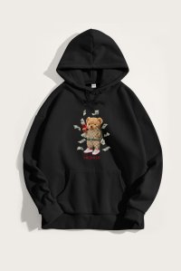 Hoodie in Black Color with Supreme Hustler Teddy Print