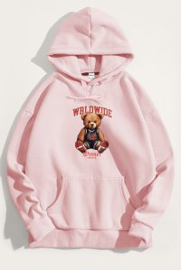 Hoodie in Pink Color with Wordwide Winner Teddy Print