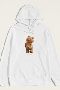 Hoodie in White Color with Teddys Opinion Print
