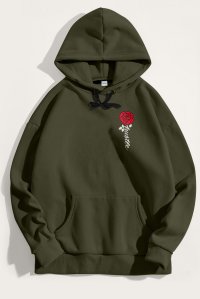 Hoodie in Khaki Color with Hustle Rose Print