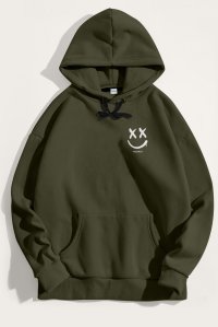 Hoodie in Khaki Color with Graffiti Smiley Print