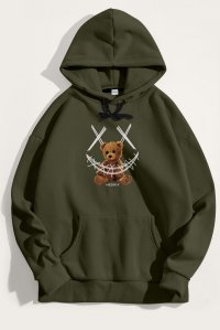 Hoodie in Khaki Color with Mad Teddy Print