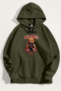 Hoodie in Khaki Color with Wordwide Winner Teddy Print