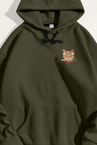 Hoodie in Khaki Color with Yakuza Cat Print