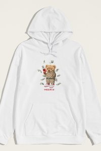 Hoodie in White Color with Supreme Hustler Teddy Print