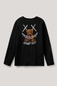 Long Sleeve T-shirt in Black Color with Stand Out Teddy Print