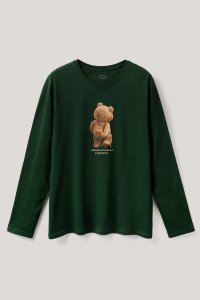 Long Sleeve T-shirt in Green Color with Teddys Opinion Print