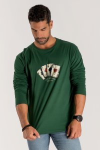 Long Sleeve T-shirt in Green Color with Wild Cards Print