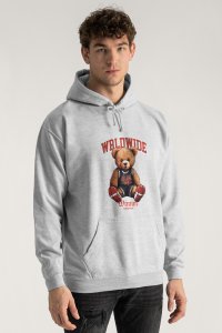 Hoodie in Grey Color with Wordwide Winner Teddy Print