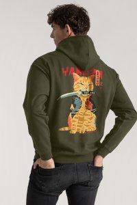 Hoodie in Khaki Color with Yakuza Cat Print