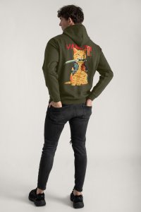 Hoodie in Khaki Color with Yakuza Cat Print