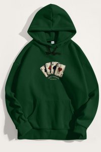Hoodie in Green Color with Wild Cards Print