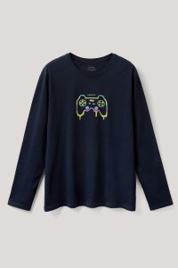 Long Sleeve T-shirt in Blue Color with Gaming Vibes Print
