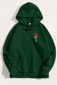 Hoodie in Green Color with Hustle Rose Print