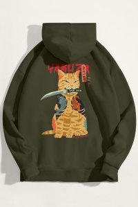 Hoodie in Khaki Color with Yakuza Cat Print