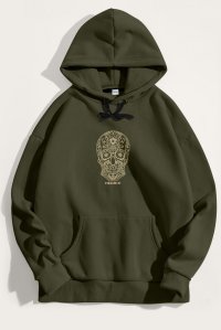 Hoodie in Khaki Color with Mandala Skull Print