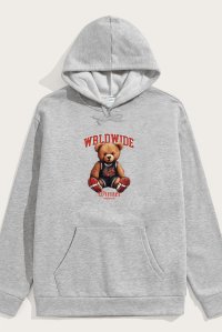 Hoodie in Grey Color with Wordwide Winner Teddy Print