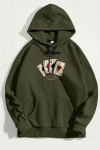 Hoodie in Khaki Color with Wild Cards Print