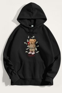 Hoodie in Black Color with Supreme Hustler Teddy Print