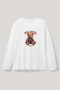 Long Sleeve T-shirt in White Color with Wordwide Winner Teddy Print