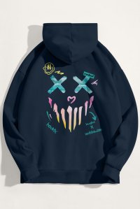 Hoodie in Blue Color with Rebel Smiley Print