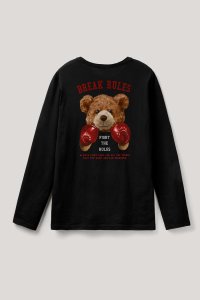 Long Sleeve T-shirt in Black Color with Boxer Teddy Print