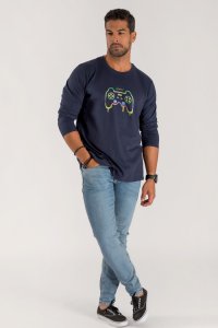 Long Sleeve T-shirt in Blue Color with Gaming Vibes Print