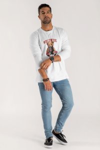 Long Sleeve T-shirt in White Color with Wordwide Winner Teddy Print