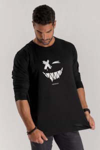 Long Sleeve T-shirt in Black Color with Angry Smiley Print