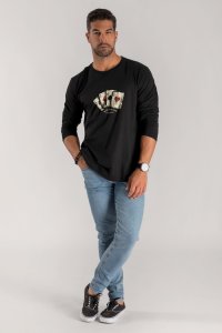 Long Sleeve T-shirt in Black Color with Wild Cards Print