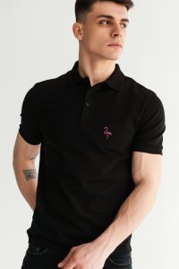 Polo Shirt Slim Fit in Black Color with Pink Flamingo stamp