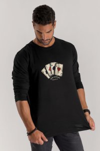 Long Sleeve T-shirt in Black Color with Wild Cards Print