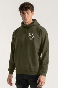 Hoodie in Khaki Color with Graffiti Smiley Print