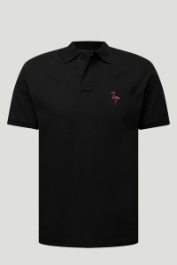 Polo Shirt Slim Fit in Black Color with Pink Flamingo stamp
