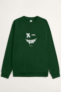 Sweatshirt in Green Color with Angry Smiley Print