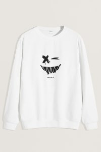 Sweatshirt in White Color with Angry Smiley Print