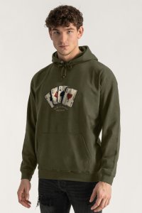 Hoodie in Khaki Color with Wild Cards Print