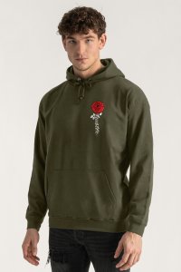 Hoodie in Khaki Color with Hustle Rose Print