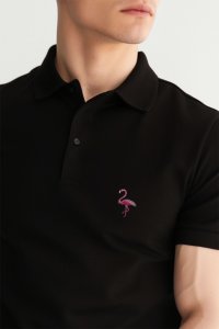 Polo Shirt Slim Fit in Black Color with Pink Flamingo stamp