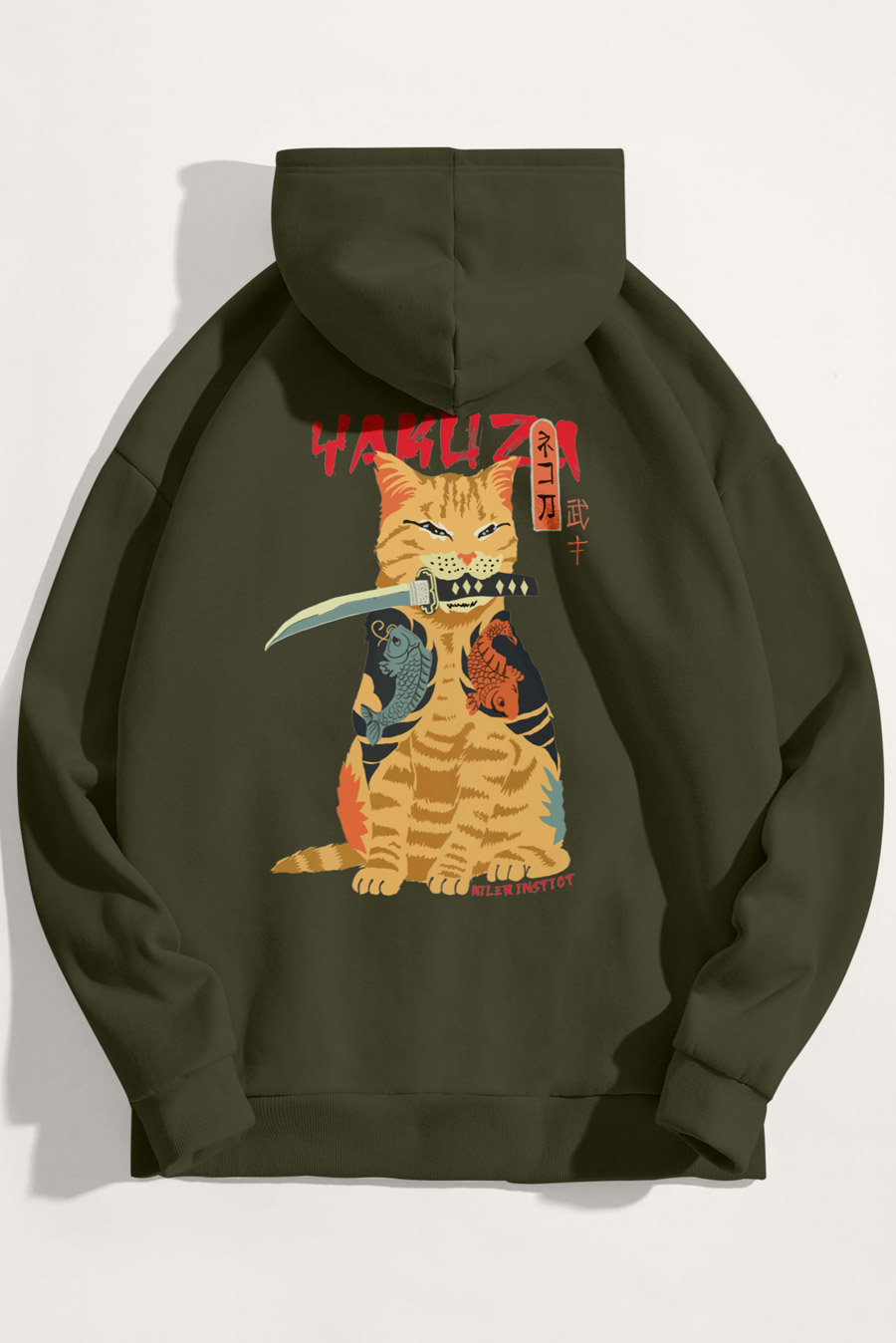 Hoodie in Khaki Color with Yakuza Cat Print crop1-hoodie_back-isolated-flat-lay-aa-back_g0_xaki_0261.jpg