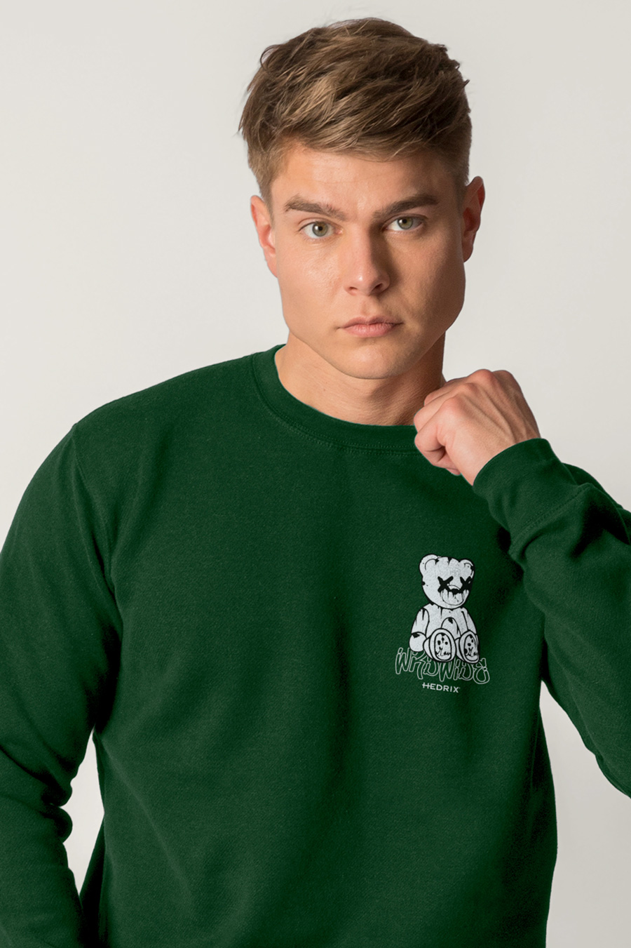 Sweatshirt in Green Color with Worldwide Teddy Print crop2-hedrix-sweatshirt-ae_g6_green_0271.jpg