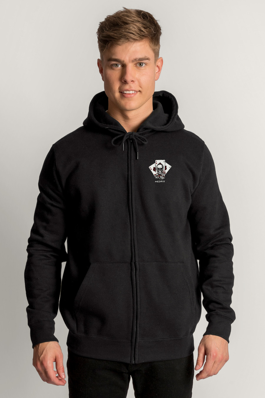 Zip-Up Hoodie in Black color with No Guts No Glory stamp crop2-hedrix-zippers-ad_g6_black_0112.jpg