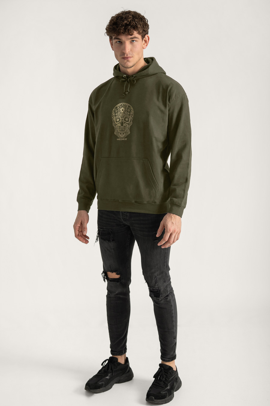 Hoodie in Khaki Color with Mandala Skull Print full-hedrix-hoodies-xb_g9_xaki_0219.jpg