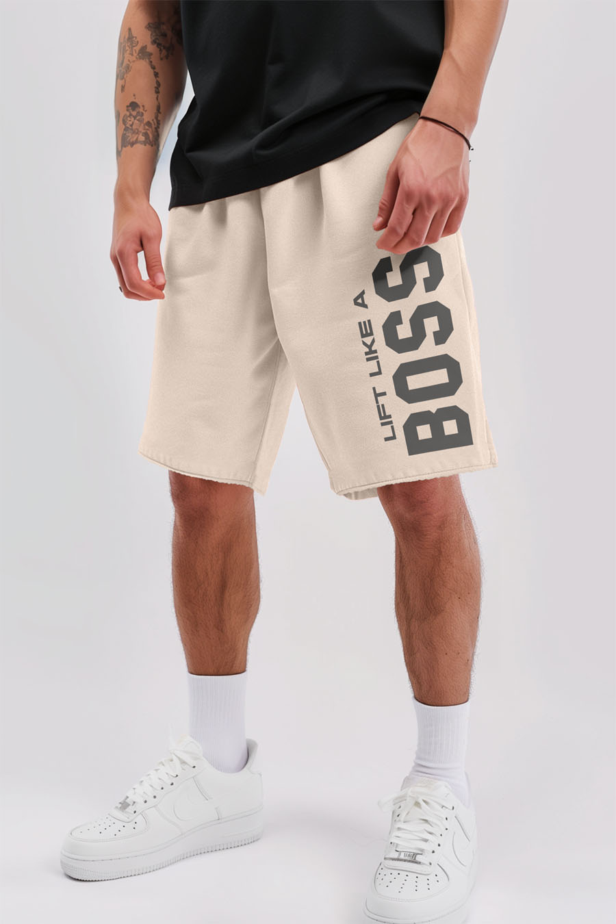 Shorts in Ecru color with Lift Like A Big Boss stamp shorts-man-a-g9-front-full-ecru-0189.jpg