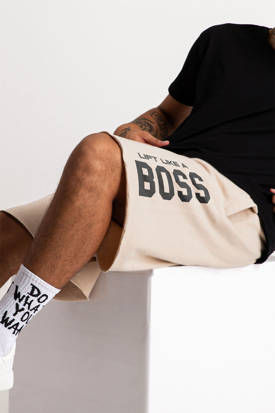 Shorts in Ecru color with Lift Like A Big Boss stamp shorts-man-a-g9-front-zoom1-ecru-0189.jpg