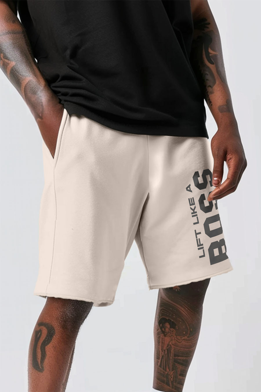Shorts in Ecru color with Lift Like A Big Boss stamp shorts-man-a-g9-front-zoom3-ecru-0189.jpg