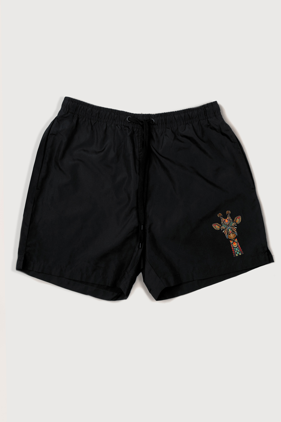 Swimming Shorts in Black Color with Giraffe Mosaic Print swimwear-a-isolated-front-full-black-1164.jpg
