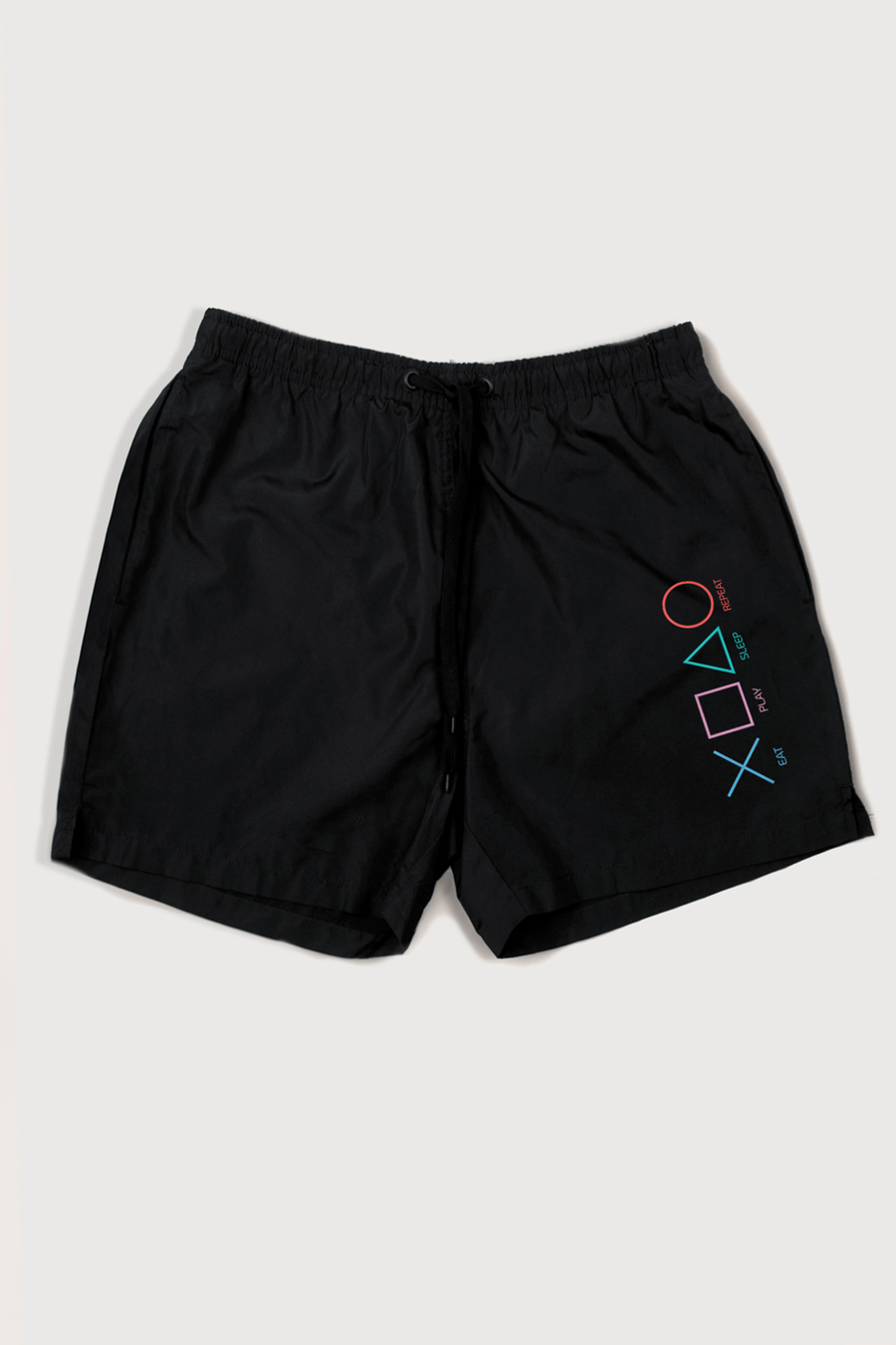 Swimming Shorts in Black Color with Gaming Essentials Print swimwear-a-isolated-front-full-black-1165.jpg