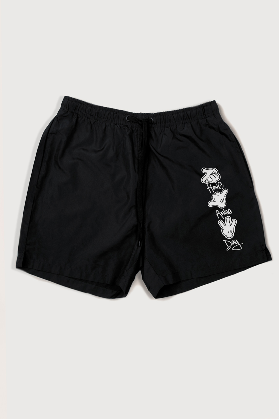 Swimming Shorts in Black Color with Have A Nice Day Print swimwear-a-isolated-front-full-black-1183.jpg