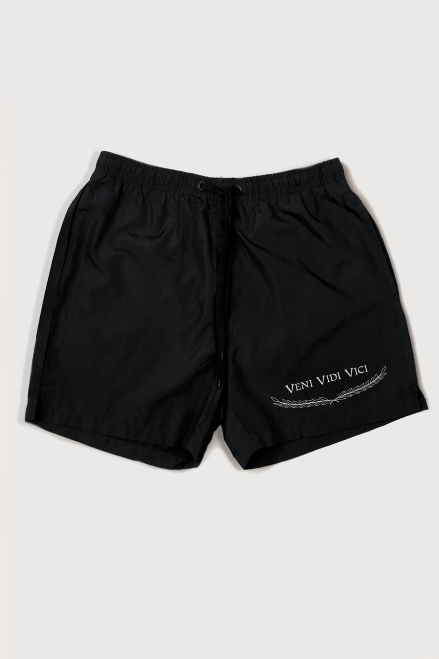 Swimming Shorts in Black Color with Veni Vidi Vici Print swimwear-a-isolated-front-full-black-1244.jpg